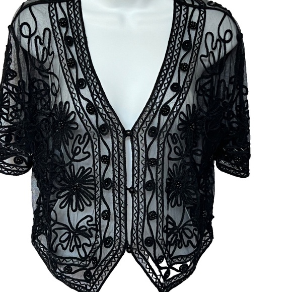 Valenti Tops - Valenti Beaded Black Lace Top Size L Deep V Neck 3 button 100% Rayon